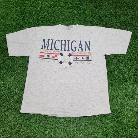 VTG 90s Michigan Great Lakes Nautical Graphic T-Shirt Mens Large Oversized Boxy - Picture 1 of 12